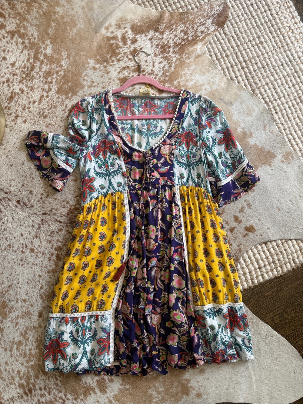 Women’s Floral Patchwork Boho Dress - Yellow & Purple